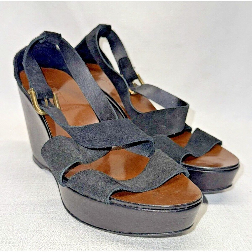 J.Crew Platform Wedge Sandals Womens 7‎ Black Suede Italian Leather Minimalist